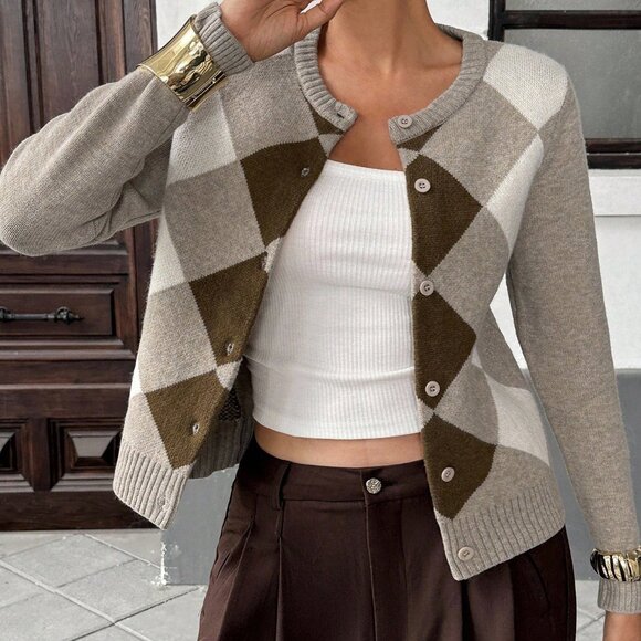 Multicolor Casual Women's Collegiate Patchwork Argyle Long Sleeve Cardigan - Picture 3 of 5
